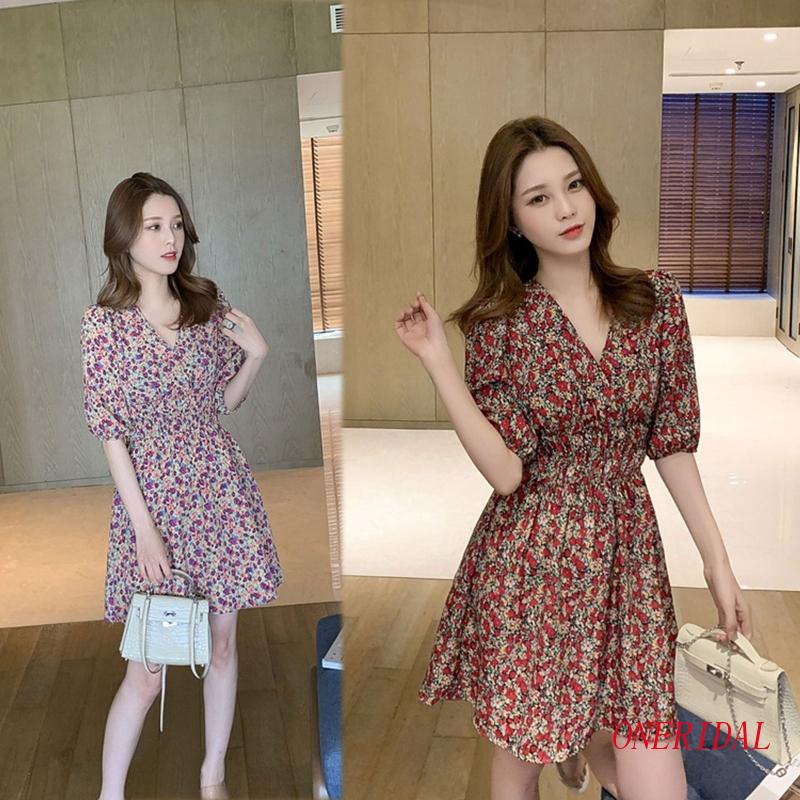 Đầm Chữ A Tay Lửng Cổ Chữ V Họa Tiết Hoa Phong Cách Vintage Dành Cho Nữ