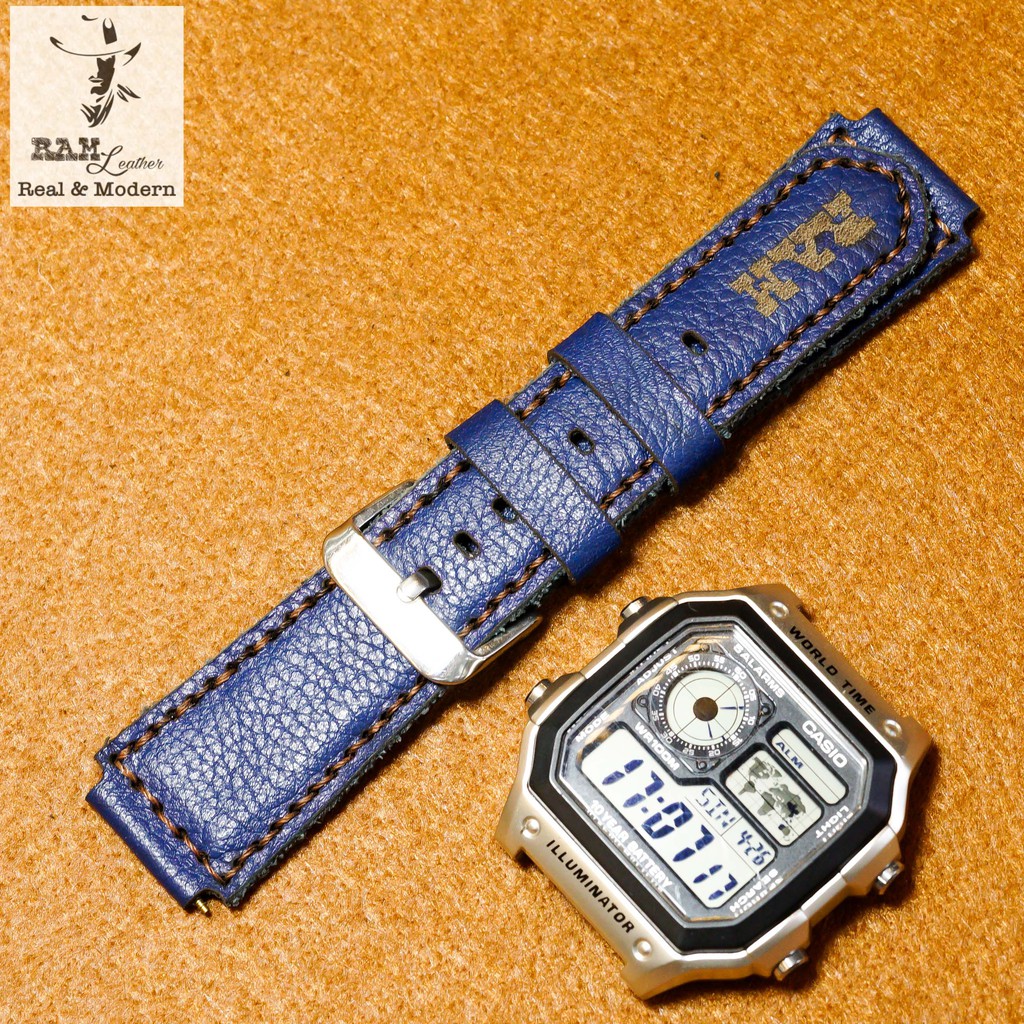 Dây đồng hồ RAM Leather 1958 cho CASIO 1200, AE 1200, 1300, 1100, A159 , A168 , Size 18 da bò mill xanh navy