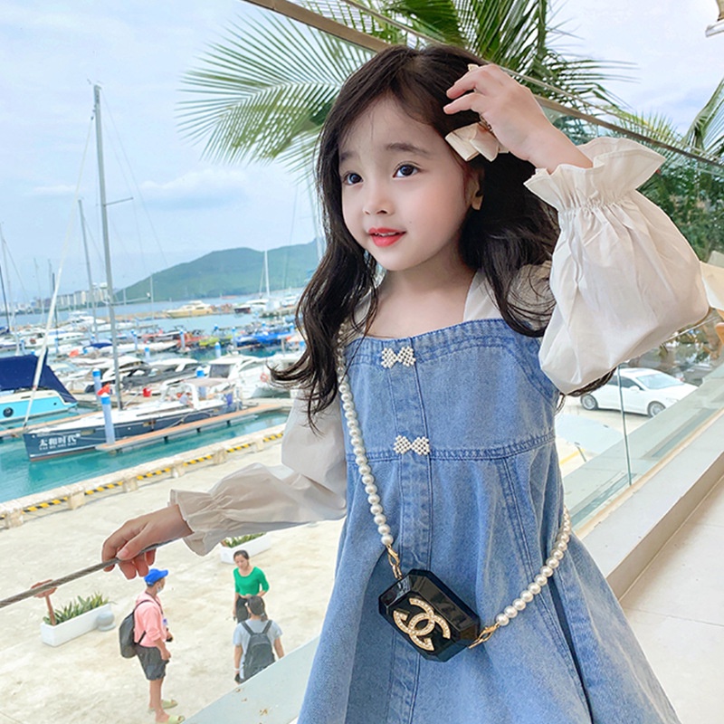 Đầm Denim Tay Phồng Xinh Xắn Theo Phong Cách Hàn Quốc Dành Cho Bé Gái