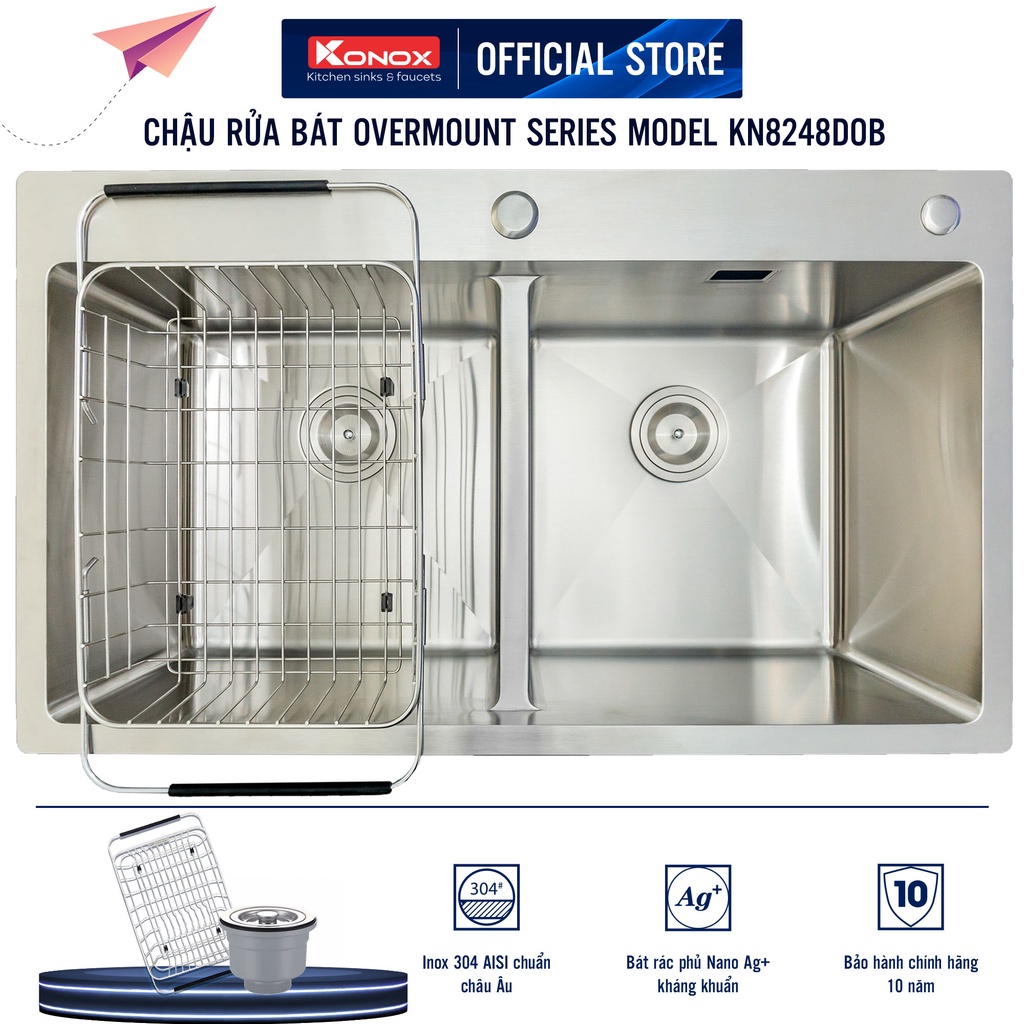 Chậu rửa bát inox KONOX Overmount Series KN8248DOB chất liệu inox 304AISI tiêu chuẩn châu Âu, tiêu chuẩn Quatest1