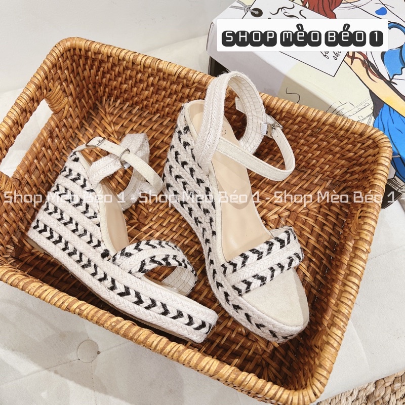 Sandal quai ngang đế xuồng cói thổ cẩm vân đen pha fullbox hàng quảng châu cao cấp