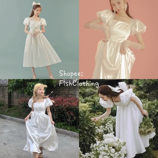SẴN🎀Đầm công chúa ulzzang lụa xoè thắt eo dáng maxi/Váy kiểu cổ vuông tay bồng tiểu thư dự tiệc kỷ yếu vintage big