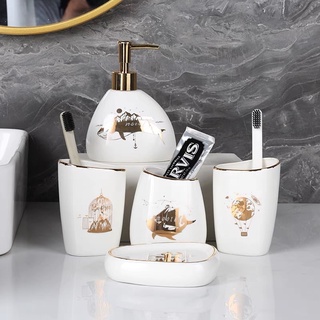 Bộ cốc sứ dùng trong phòng tắm, cốc viền vàng