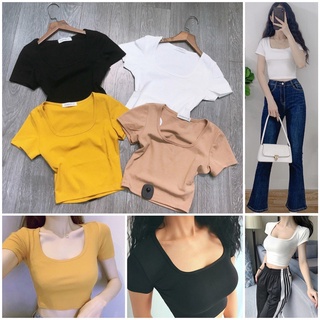 (FREESHIP) Áó Croptop Nữ Cổ Vuông Ao Thun  Co Giãn