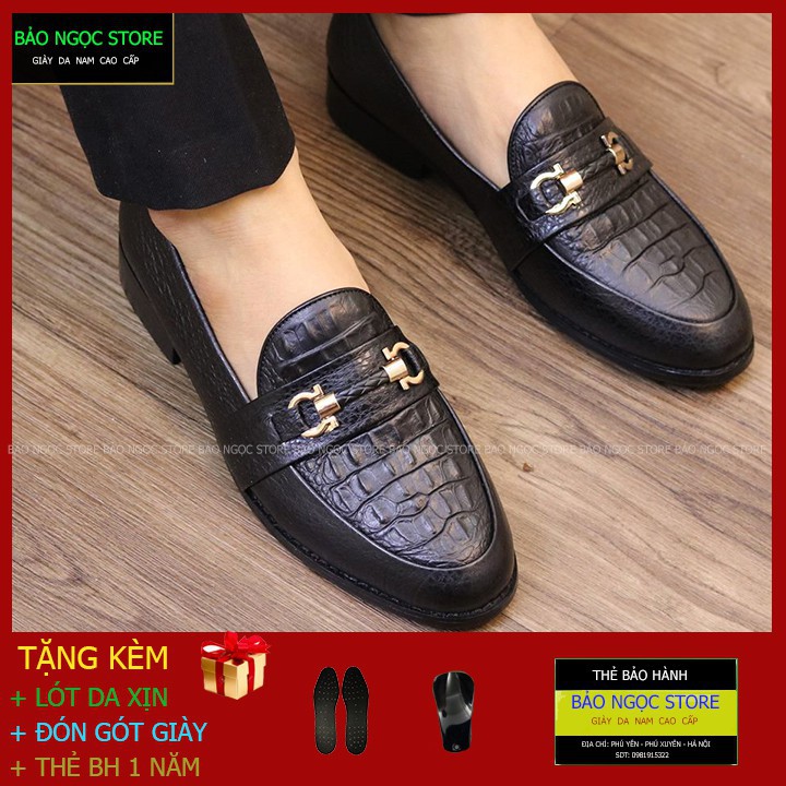 Giày lười nam - Giày da in vân cá sấu, phong cách Hàn Quốc, Đế cao su 3cm - MÃ K15 ĐEN