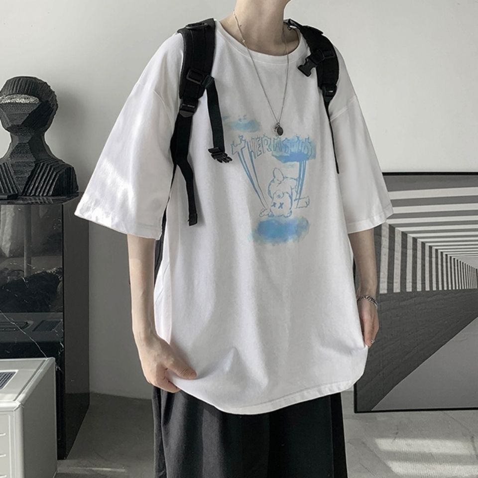 100% cotton ngắn tay áo thun nam xu hướng rộng nửa tay mùa hè năm 2021 mới in triều ống tay năm điểm phong cách Hồng Kôn