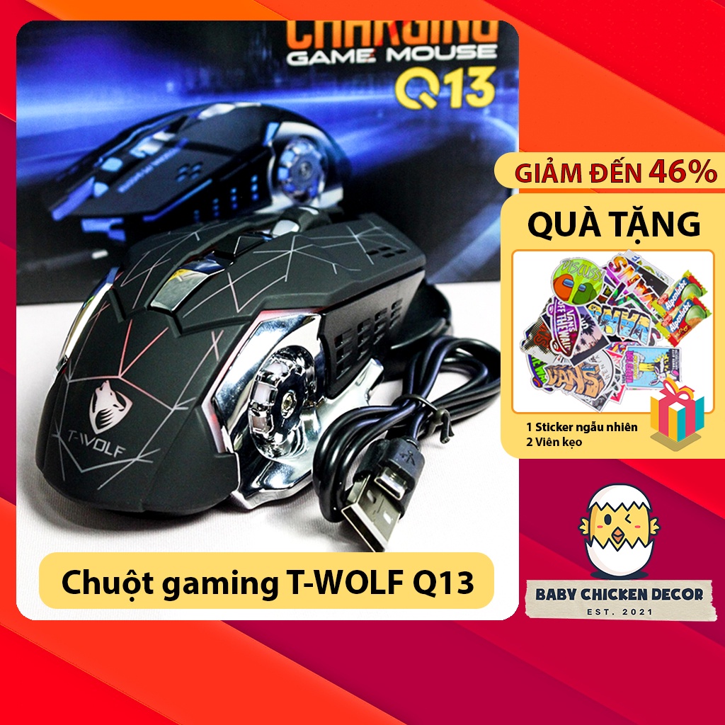 Chuột máy tính không dây, chuột gaming T-WOLF Q13 chơi game cực nhạy có Led chuyển màu