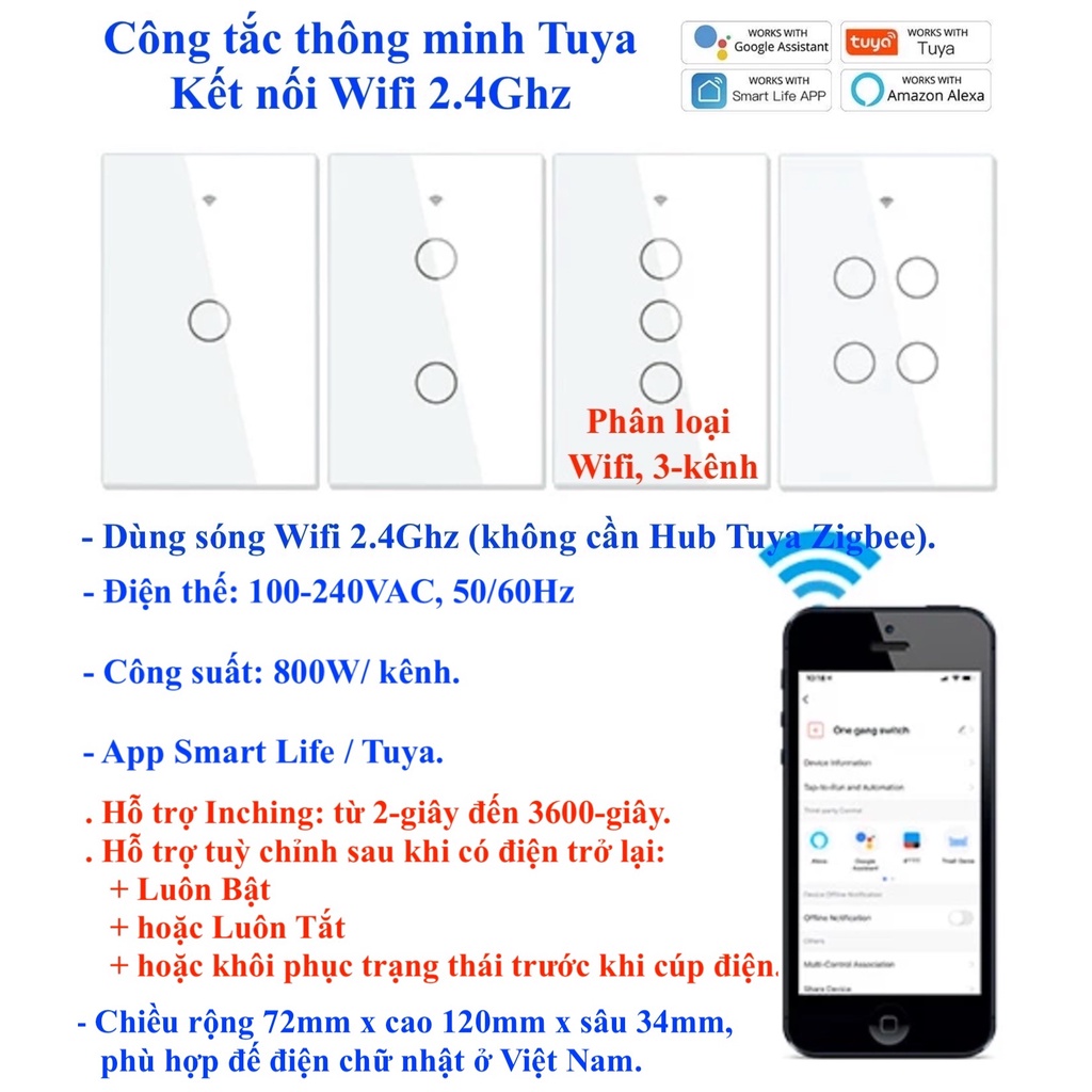 Công tắc thông minh Tuya, kết nối Wifi, loại 1/2/3/4 nút/ kênh/ gang, App Smart Life/ Tuya/ Home Assistant (Hass) -