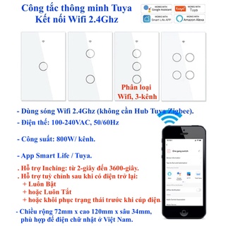 Công tắc thông minh Tuya, kết nối Wifi, loại 1/2/3/4 nút/ kênh/ gang, App Smart Life/ Tuya/ Home Assistant (Hass) -