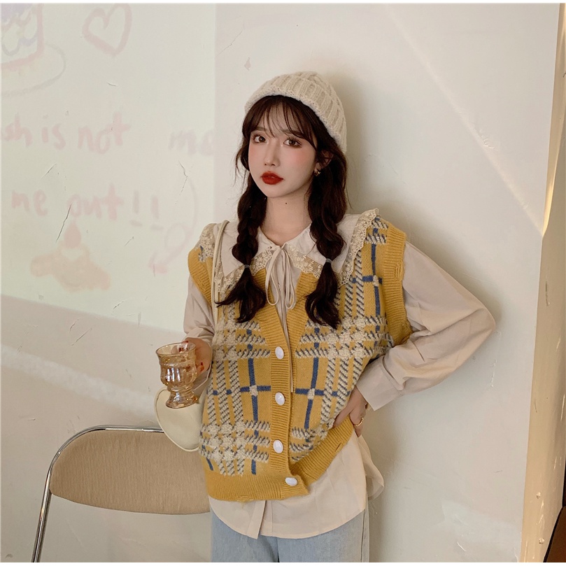 Áo Dệt Kim Cổ Chữ V Họa Tiết Sọc Caro Phong Cách Cổ Điển Thời Trang Thu Đông Hàng Mới