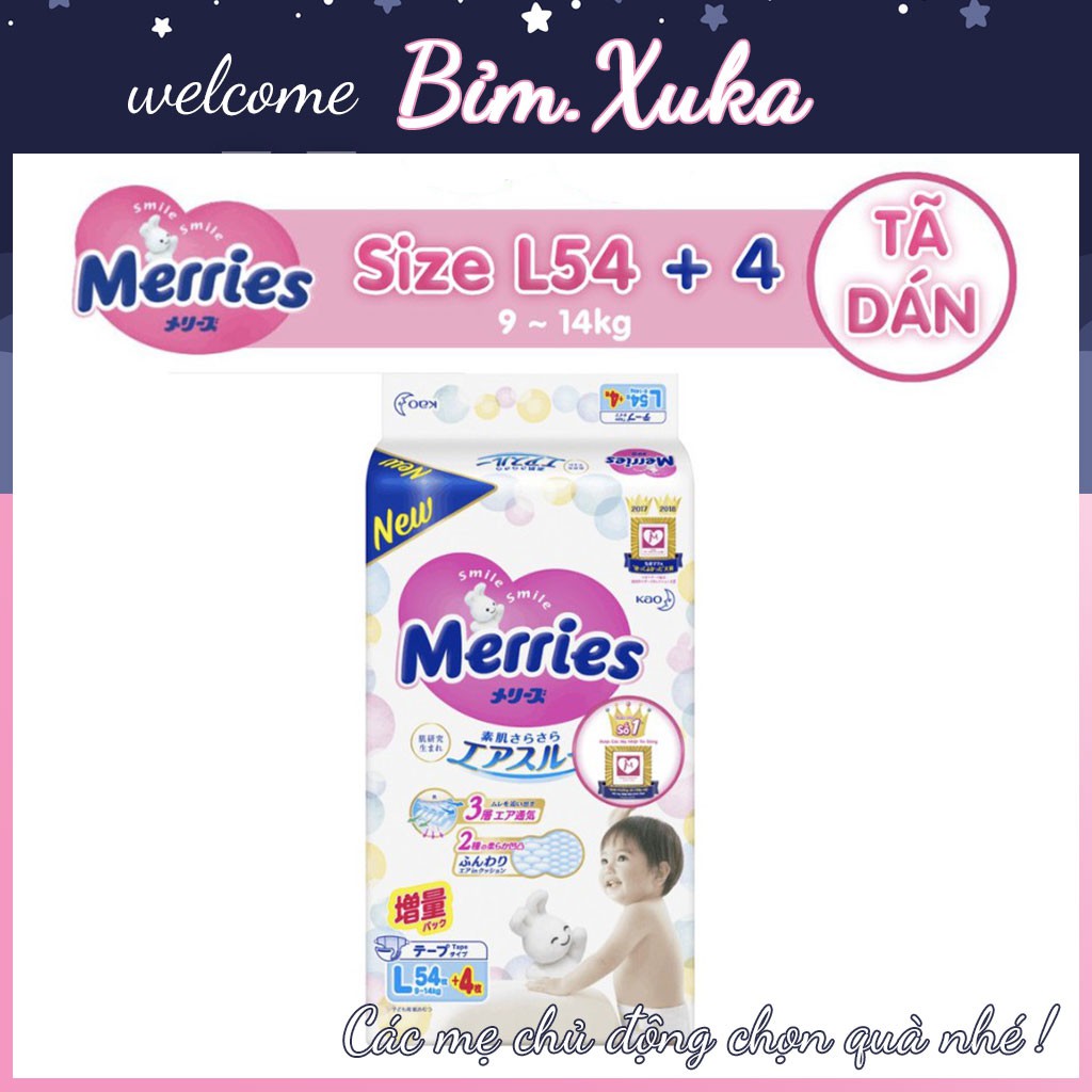 Tã/bỉm dán Merries size L - 54 + 4 miếng (Cho bé dưới 9-14 kg) Bỉm XuKa