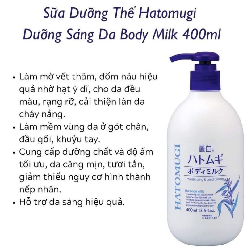 Sữa dưỡng thể trắng da Hatomugi 400ml The Body Milk Nhật Bản Chính Hãng, Moon Store 9999