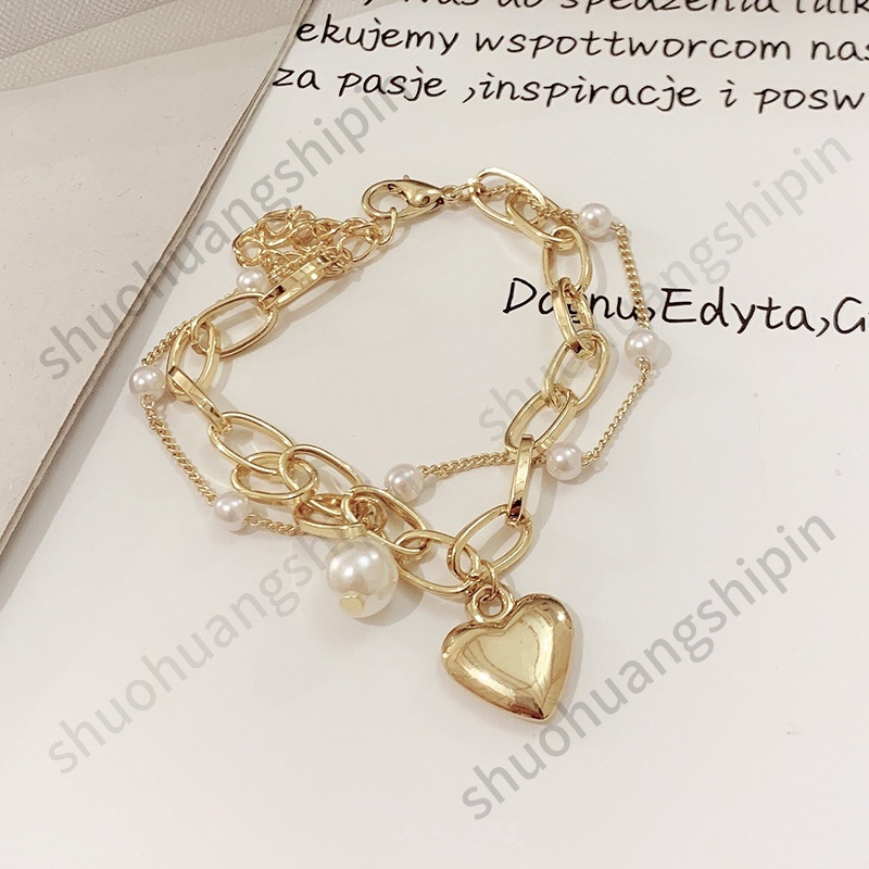 Vòng Tay Hai Lớp Đính Hạt Ngọc Trai Và Trái Tim Thời Trang Phong Cách Nhật Hàn