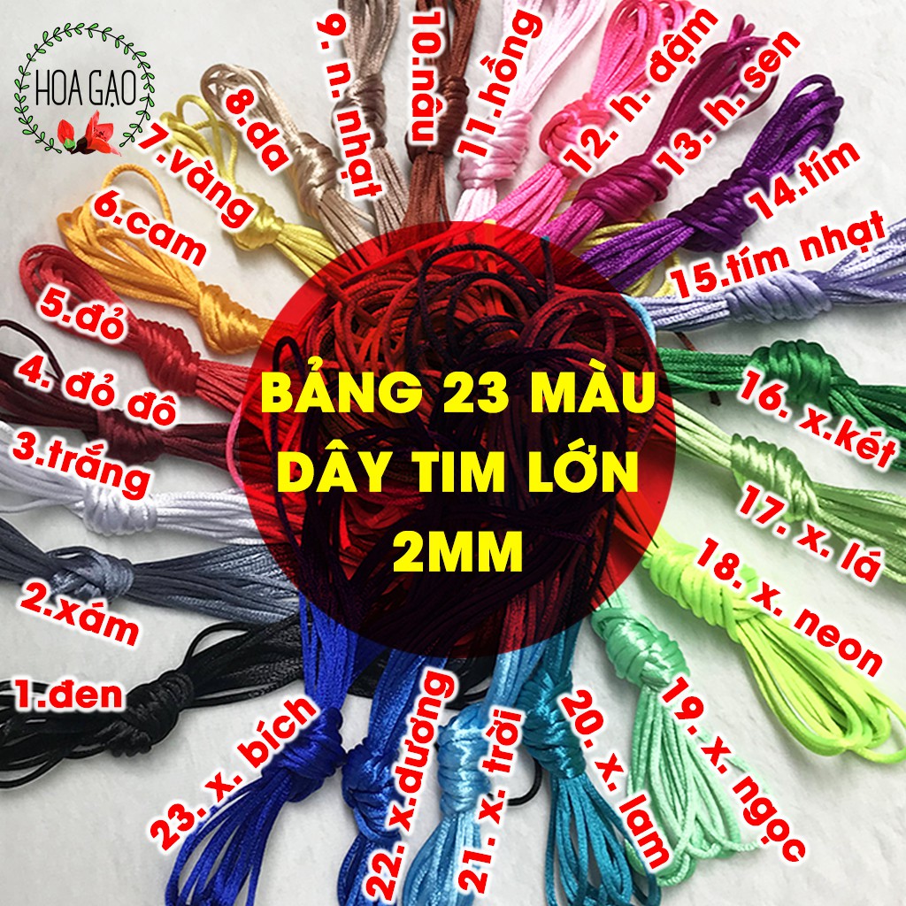 Dây tim thắt vòng tay Combo 23 màu dây loại lớn 2mm HGCB làm sách vải, đan vòng tay, vòng dreamcatcher, handmade