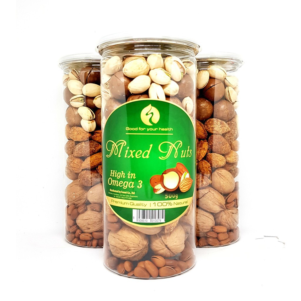 Mix Nuts 6 loại hạt (Óc chó, hạnh nhân, Thông Mỹ, macca, Hồ Đào, hạt dẻ cười)-Hộp 500gr