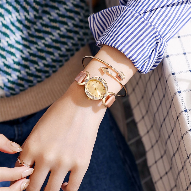 Đồng Hồ Quartz Nữ Đính Hột Xoàn Dây Da Thời Trang