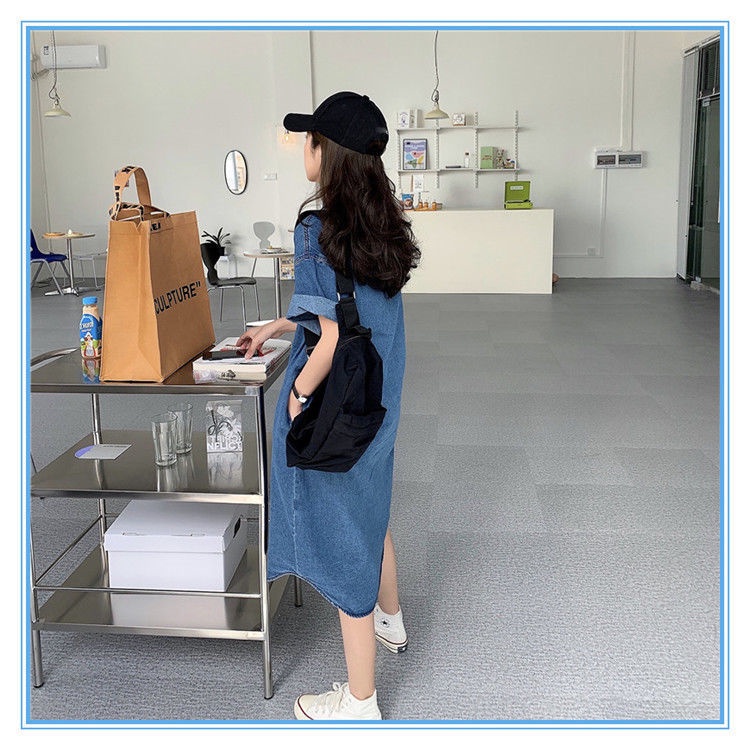 Đầm denim tay ngắn phong cách Hàn Quốc cổ điển