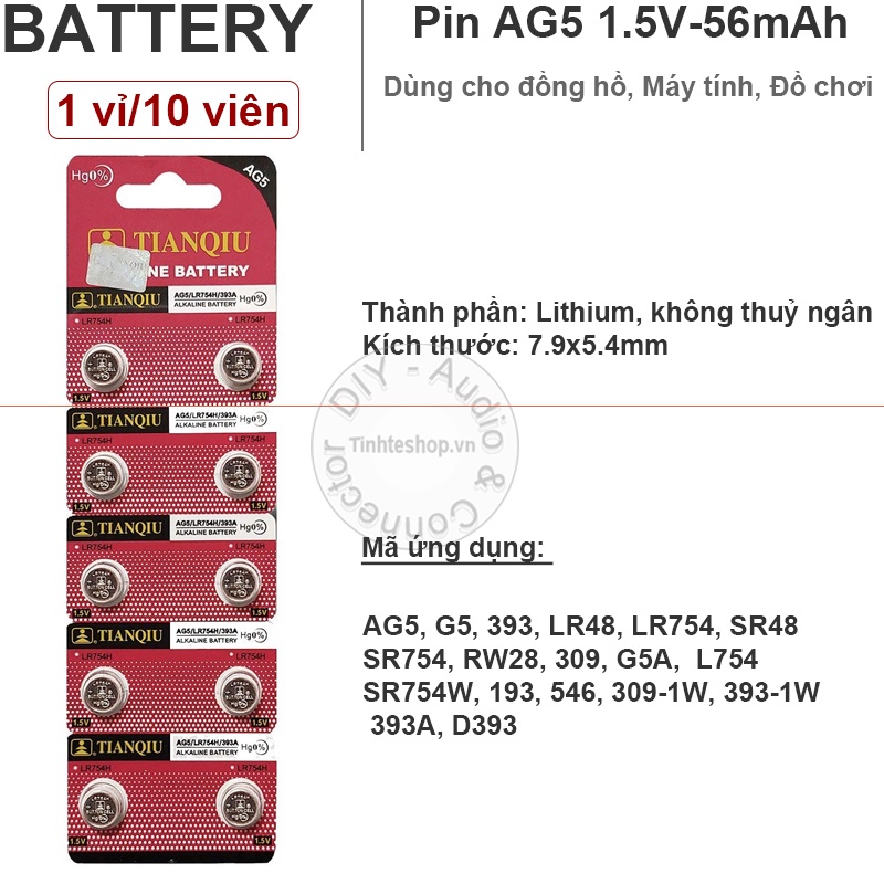 Pin nút AG5 393 LR48 LR754 SR48 SR754 RW28 309 Tianqiu 1 vỉ 10 viên