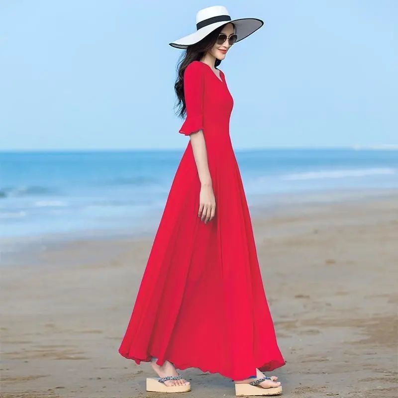 Đầm Voan Hai Lớp Dáng Dài Màu Sắc Trơn Thời Trang Đi Biển Dành Cho Nữ