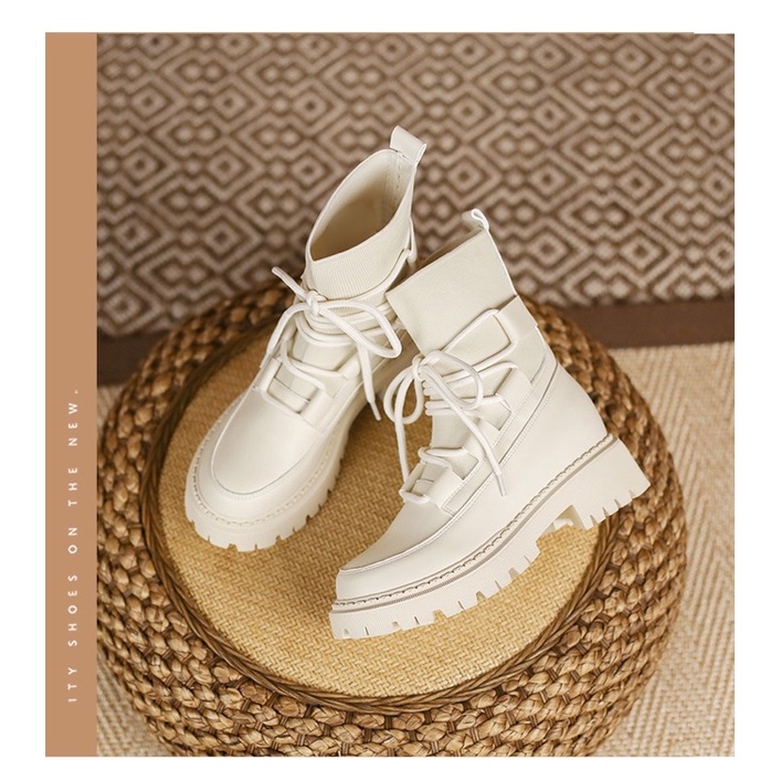 HÌNH THẬT-SALE SỐC LẺ SIZE Giày bốt boots nữ combat cổ ôm tôn dáng độc lạ phối da mềm và vải thun đế 5cm tôn dáng