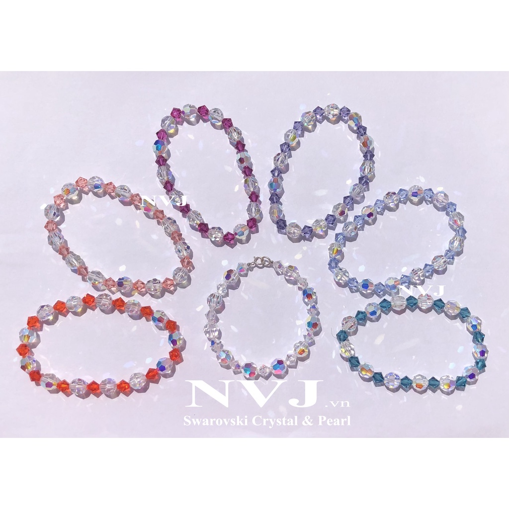 Pha lê Áo Swarovski cao cấp chính hãng - Vòng tay hạt tròn 8ly & nón 6ly nhiều màu tùy chọn, khóa tròn bạc 925