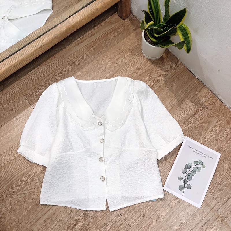 Áo khuy ngọc cổ sóng 3 lớp