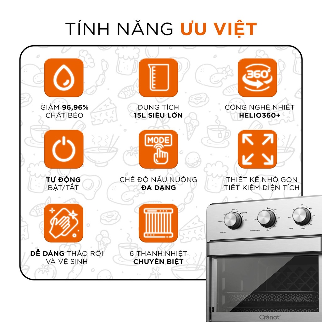 Nồi chiên không dầu chính hãng 15L CRENOT Foodie F15 cỡ lớn nóng 2 chiều lò chiên 15 lít bếp nướng to 8L 10L 12L 18L 23L