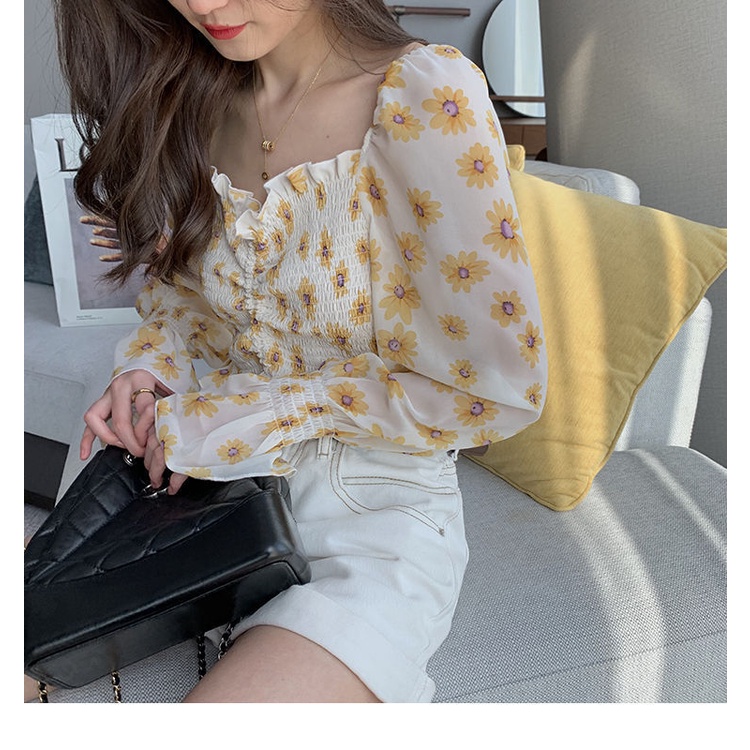 Áo Kiểu Chiffon Tay Phồng Cổ Vuông Họa Tiết Hoa Phong Cách Pháp