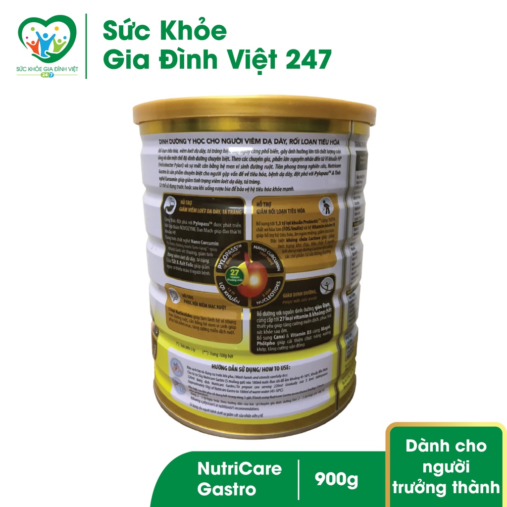 Sữa bột NutriCare Gastro 900g – sữa bột dành cho người viêm dạ dày, và rối loạn tiêu hóa