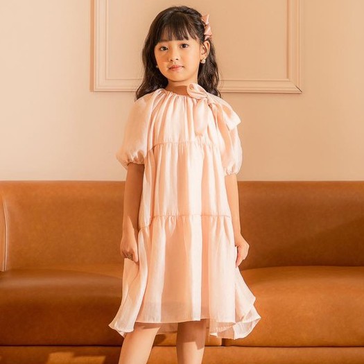 Váy công chúa babydoll thiết kế 137Kids tay phồng cổ nơ màu hồng siêu xinh cho bé gái