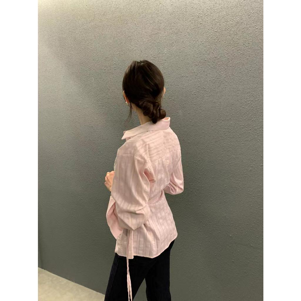 Áo Sơ Mi Ôm Dáng Buộc Dây Họa Tiết Kẻ Sọc Phong Cách Hàn Quốc Kiểu Mới 62215