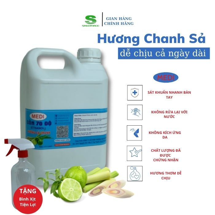 dung dịch rửa tay diệt khuẩn mùi hương chanh sả Medi 5 lít sát khuẩn hằng ngày vệ sinh nhà cửa - tặng kèm bình xịt