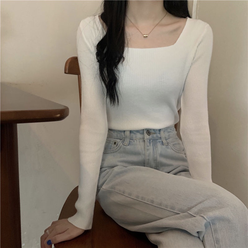 COZOK Áo Sweater Tay Dài Cổ Vuông Dáng Ôm Kiểu Vintage Cá Tính