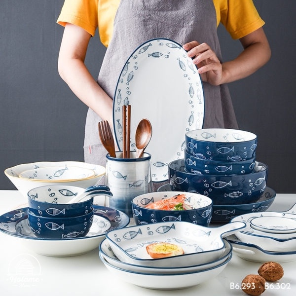 BỘ BÁT ĐĨA OCEAN FISH, HỌA TIẾT CON CÁ XANH DƯƠNG