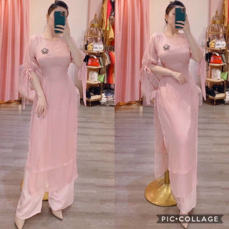 SÉT ÁO DÀI LỤA HỒNG PASTEL CỰC XINH