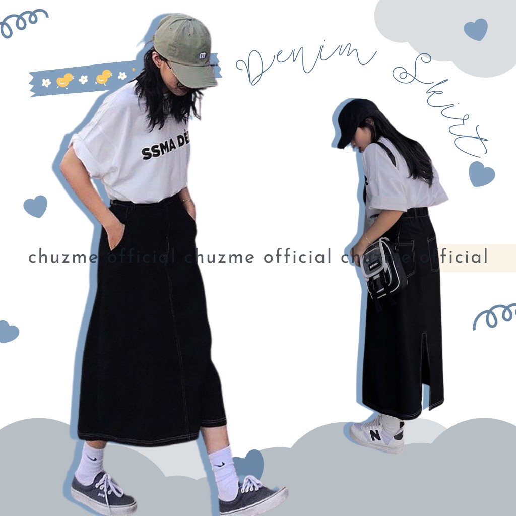 Chân váy jeans ulzzang dáng dài xẻ tà viền chỉ, chân váy bò dáng chữ A chun lưng