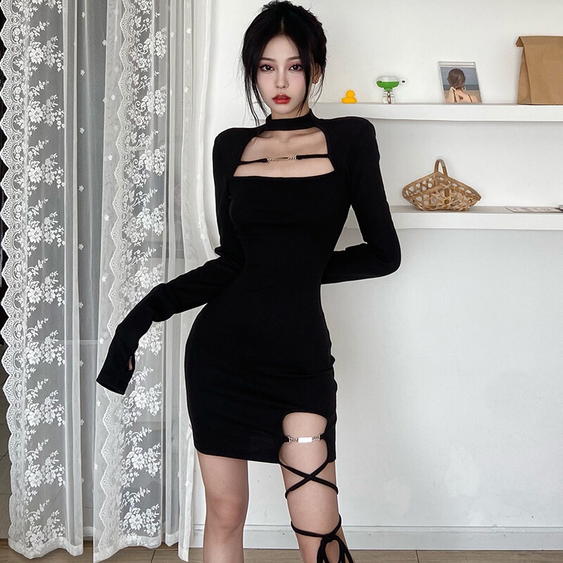 Kliou 2023 Mới Đầm body KLIOU tay dài cổ vuông thiết kế thanh lịch dành cho phái nữ 2022