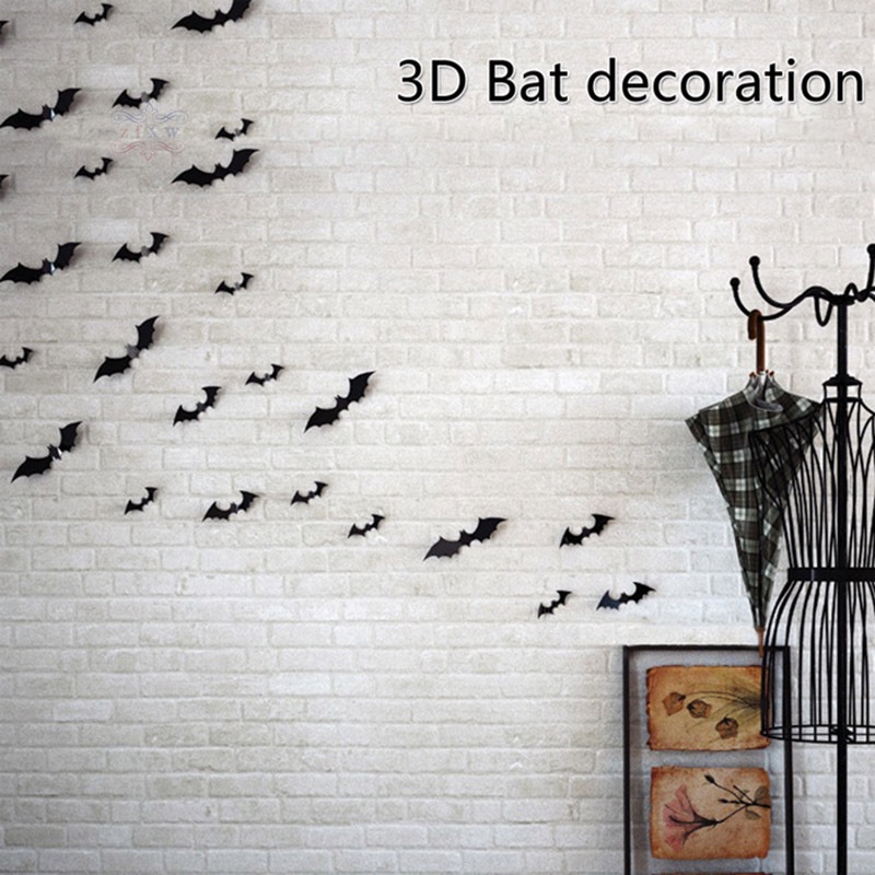 Set 12 / 60 Sticker Dán Tường Hình Dơi 3D Đáng Sợ Trang Trí Halloween