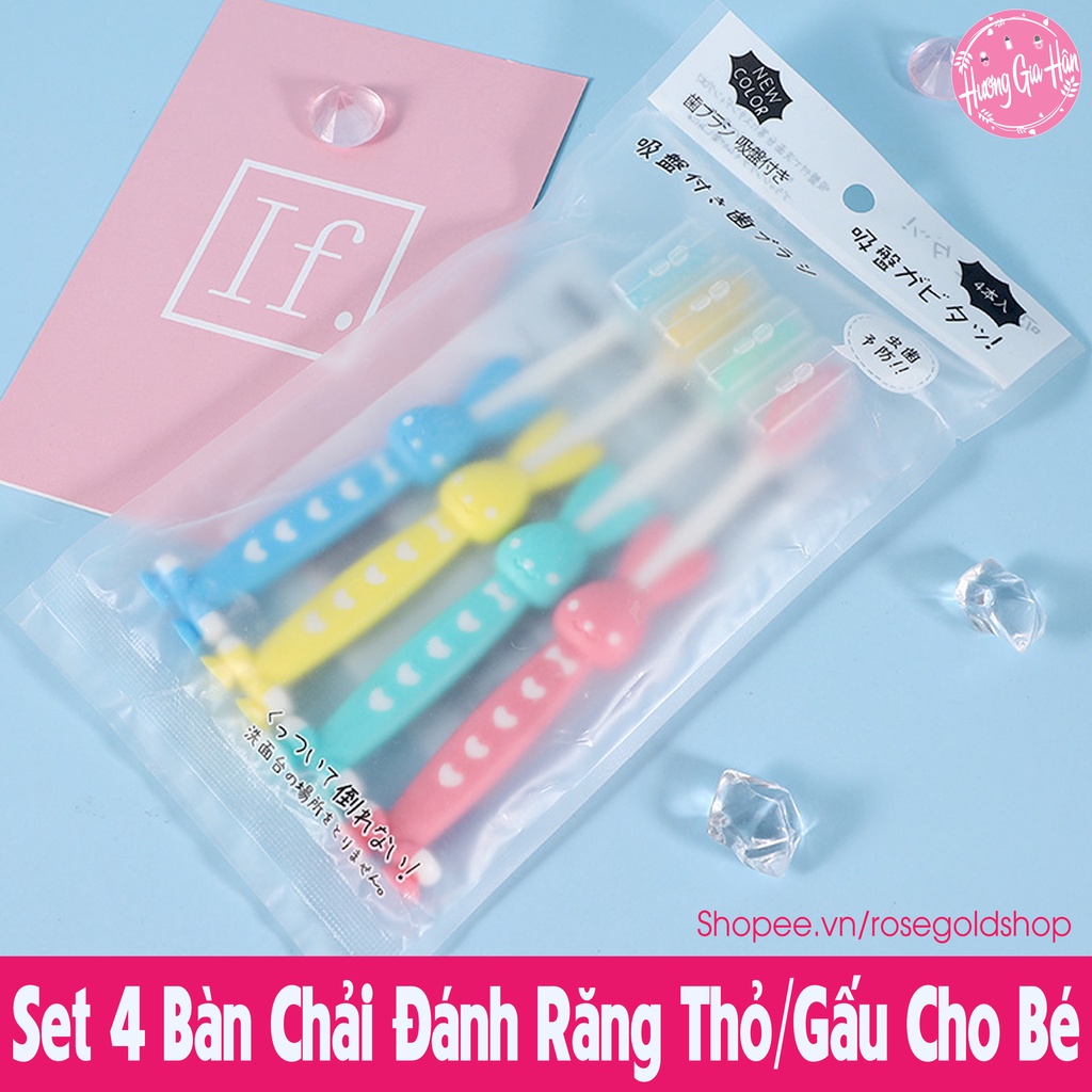 Set 4 Bàn Chải Đánh Răng Xuất Nhật Hình Thỏ, Có Nắp Bảo Vệ Sạch Sẽ Cho Bé Yêu