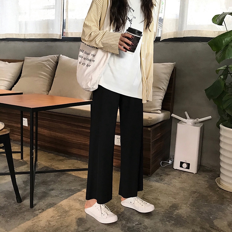 SUXI Quần dài ống suông rộng lưng cao phong cách Hàn Quốc