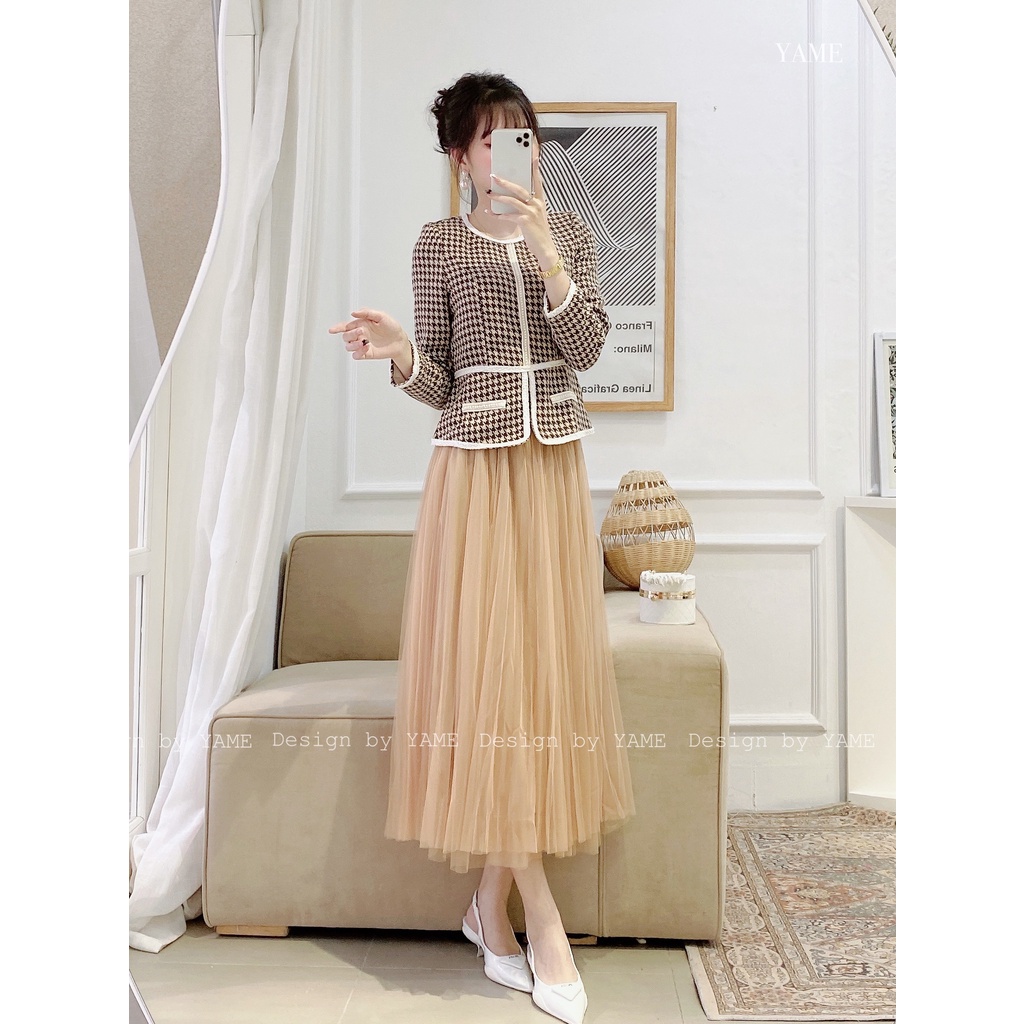 Set áo vest dạ chiết eo chân váy ren xoè nhiều lớp màu nâu be, đen, đỏ Kaylin YAME