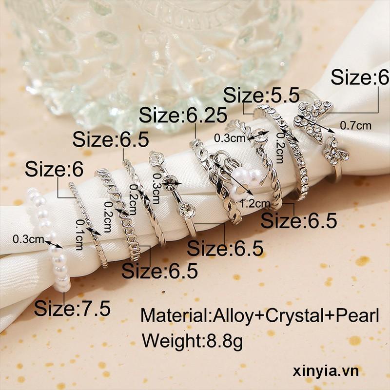 Set 9 Nhẫn Đeo Khớp Ngón Tay Đính Đá Pha Lê / Ngọc Trai / Kim Cương Hình Bướm Cho Nữ