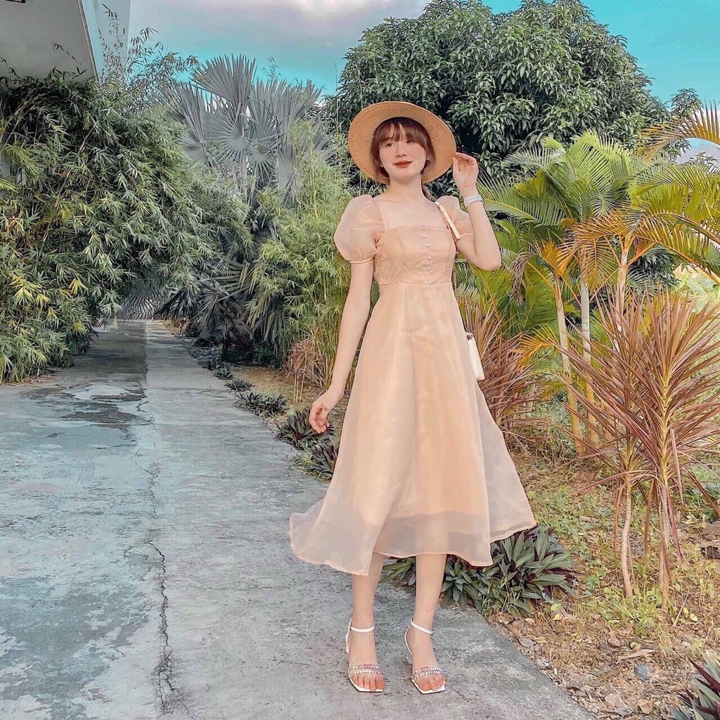 Đầm tiểu thư 2 lớp siêu xinh phối cổ vuông ống tay phồng màu da siêu sang chảnh