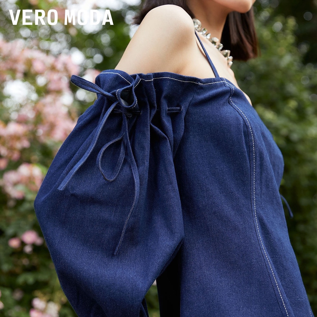 Vero Moda Váy Chữ A Vải Denim Tay Bèo Nhún Trễ Vai Phong Cách Pháp Cho Nữ 321242041