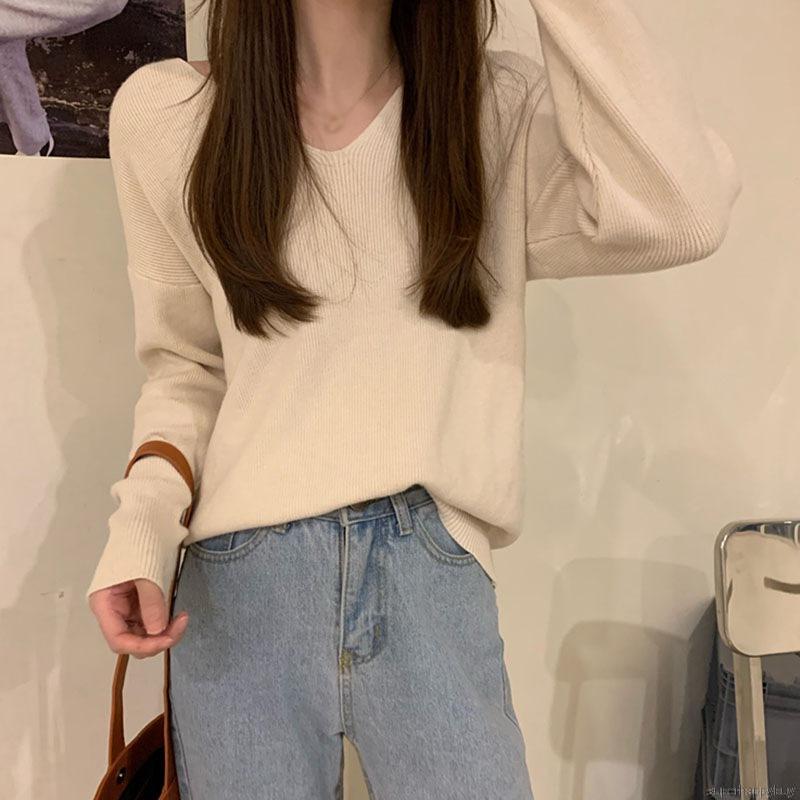 Áo sweater chui đầu tay dài cổ chữ V màu trơn thời trang mùa thu thanh lịch cho nữ