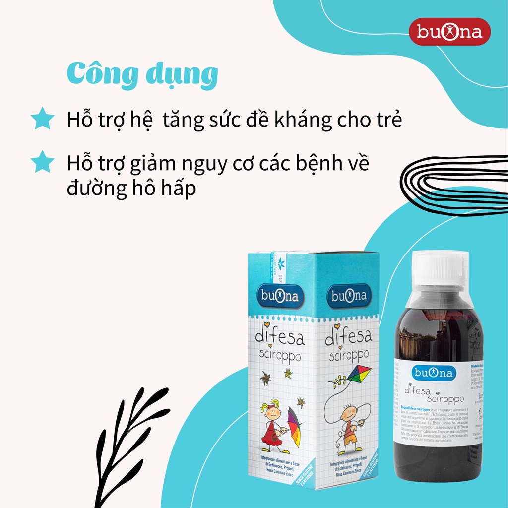 Siro tăng đề kháng hô hấp Buona Difesa, lọ 150ml, vị ngọt thanh mật ong, dễ uống