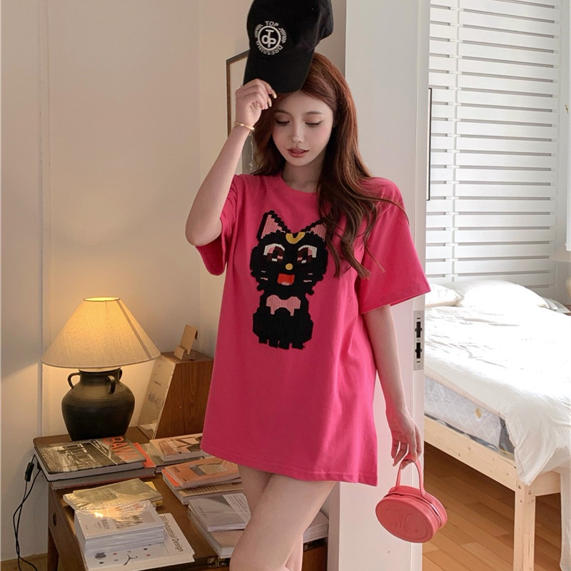 Áo Thun Tay Ngắn Dáng Rộng Thêu Họa Tiết Hoạt Hình Dễ Thương