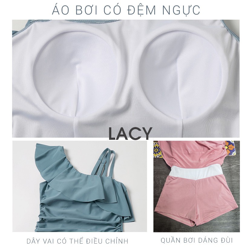 BIKINI LACY B120 - Đồ bơi áo tắm nữ liền thân 1 mảnh áo lệch vai chân váy xếp ly xòe che khuyết điểm bụng có đệm ngực  ྇