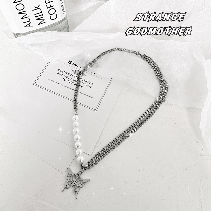 BUTTERFLY vòng cổ Kim Loại Mặt Hình Bướm Đính Ngọc Trai Phong Cách Hip Hop