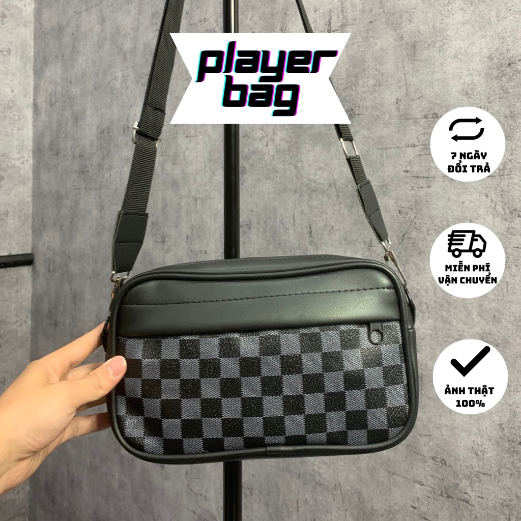 Túi đeo chéo nam da PU chống nước vân caro (có thể đeo 2 mặt) Playerbag